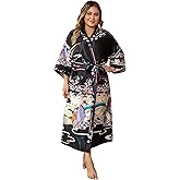 feslieacc Women's Floral Long Satin Robes Plus Size Long Silk Robes Peacock Floral Kimonos Sleepwear Dressing Gown