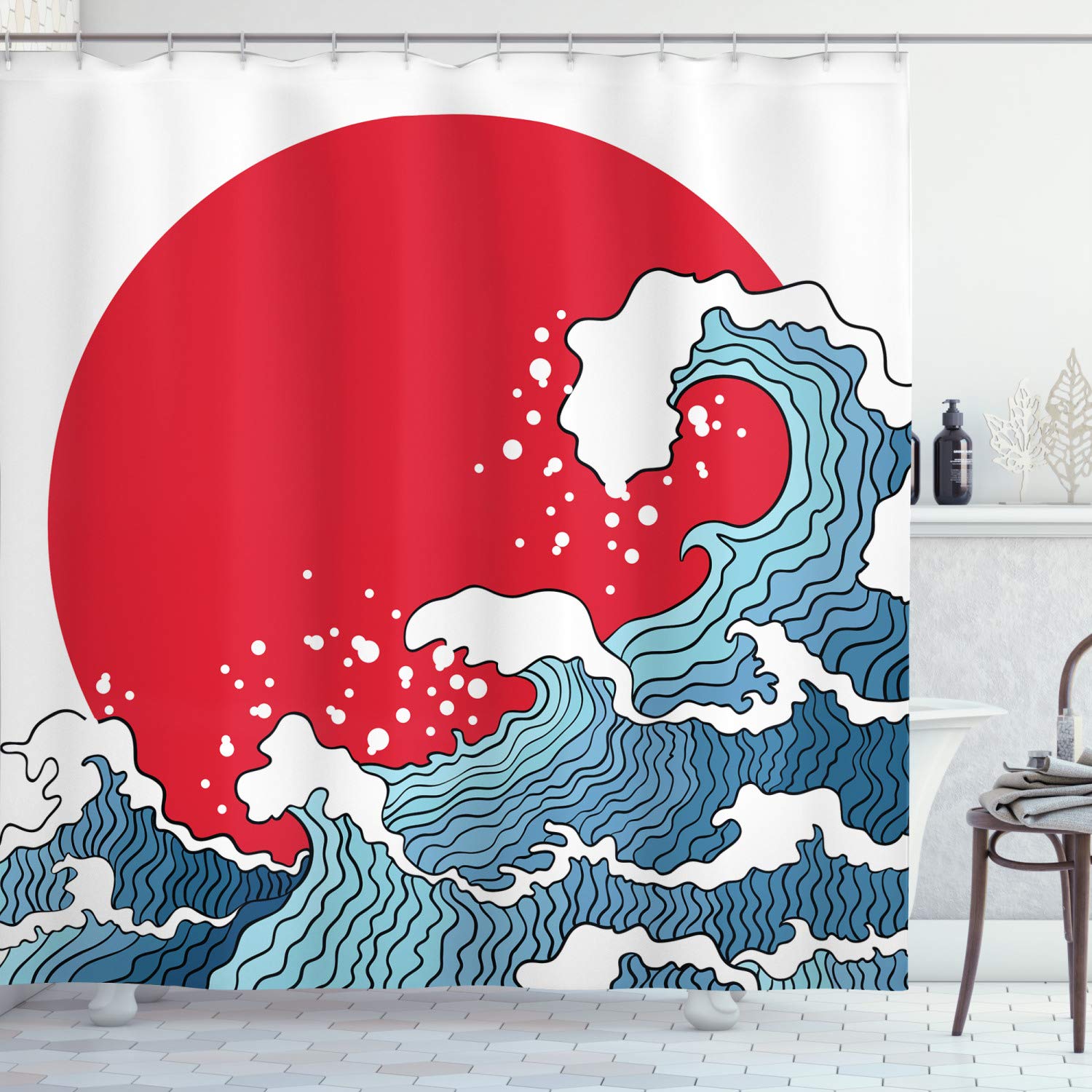 ABAKUHAUS Japanese Wave Shower Curtain, Big Red Sun Setting Scenery Tropical Nautical Tsunami Swirls, 94 Inches, Red Blue White