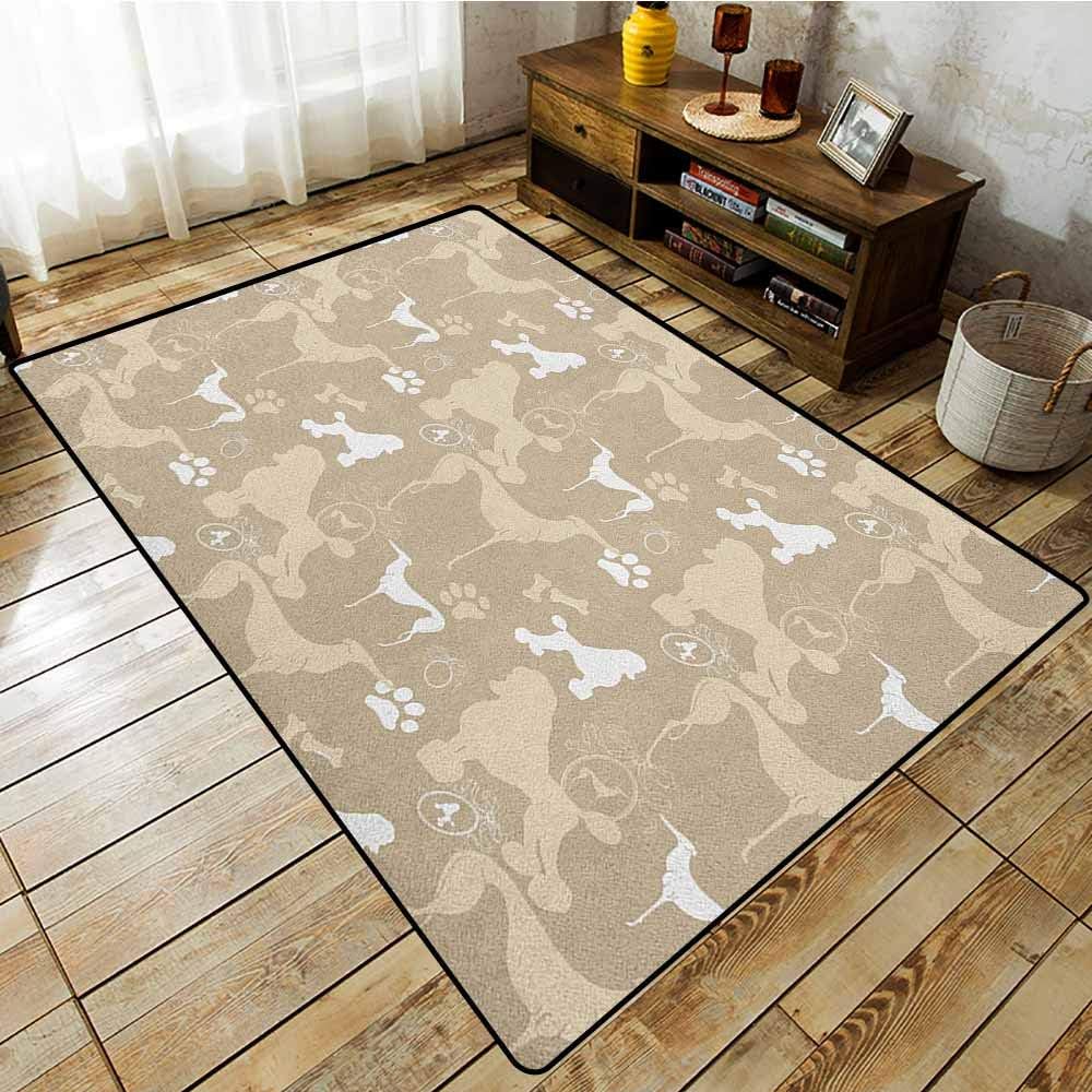 Large Area Rug,Dog Lover,Pet Animals Accessories Leash Paw Print Bone Ornamental Abstract Illustration,Children Crawling Bedroom Rug,3'3"x5'3" Tan White