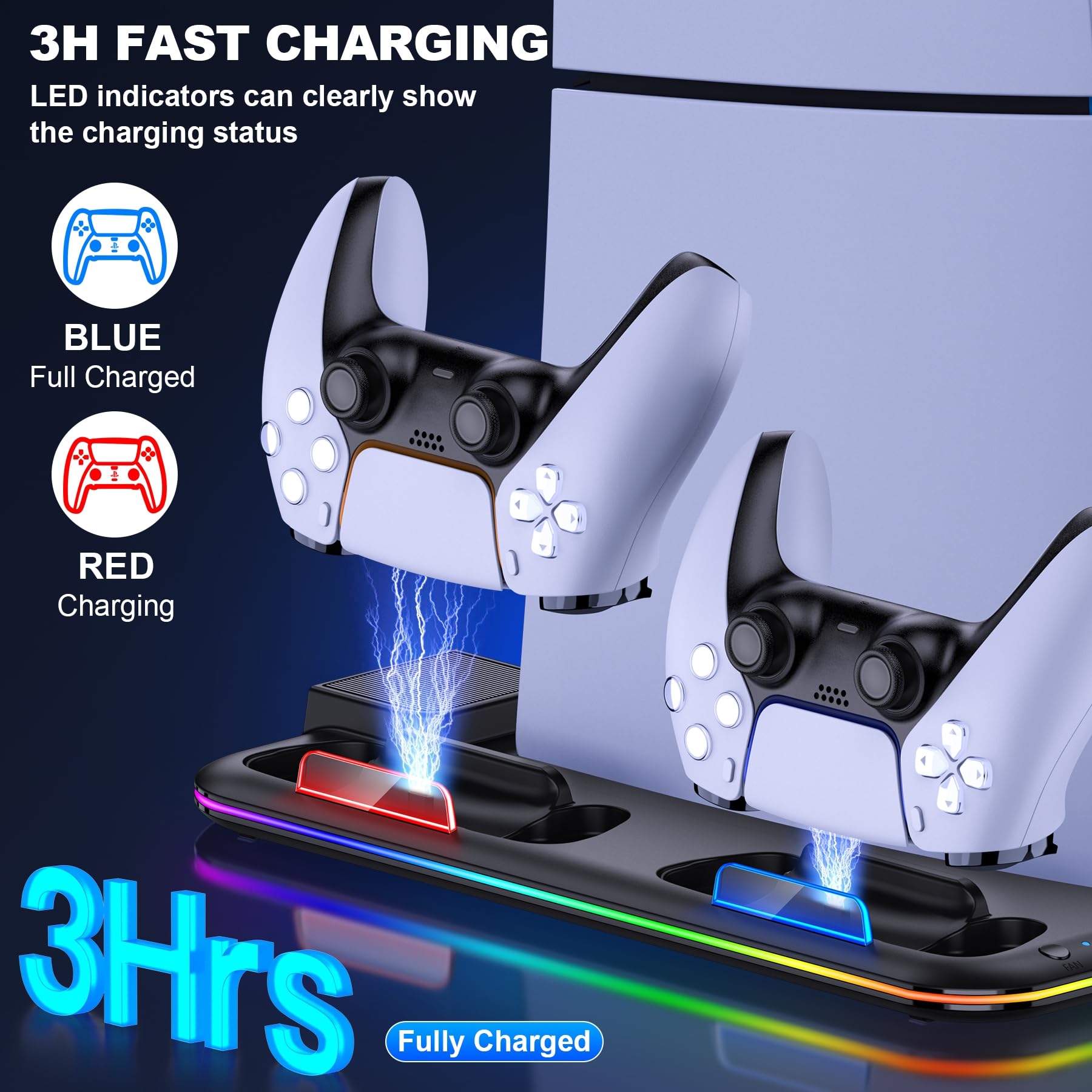 PS 5 Pro Cooling Station with Dual Fast PS 5 Controller Charging Compatiable with PlayStation5 Chargers 5 Slim Digital Disc Edition,Stand Vertical Accessories with Headset Holder 15 Game Slots