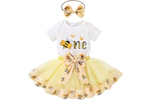 HAPPYMA Baby Girls One 1st Birthday Outfit Bee Sunflower Romper Tulle Tutu Skirt Sequin Bow Party Clothes Set