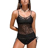 CUPSHE Women's Tankini Sets Two Piece V Neck Mesh Swimsuit Bathing Suit Adjustable Spaghetti Straps Side Tie