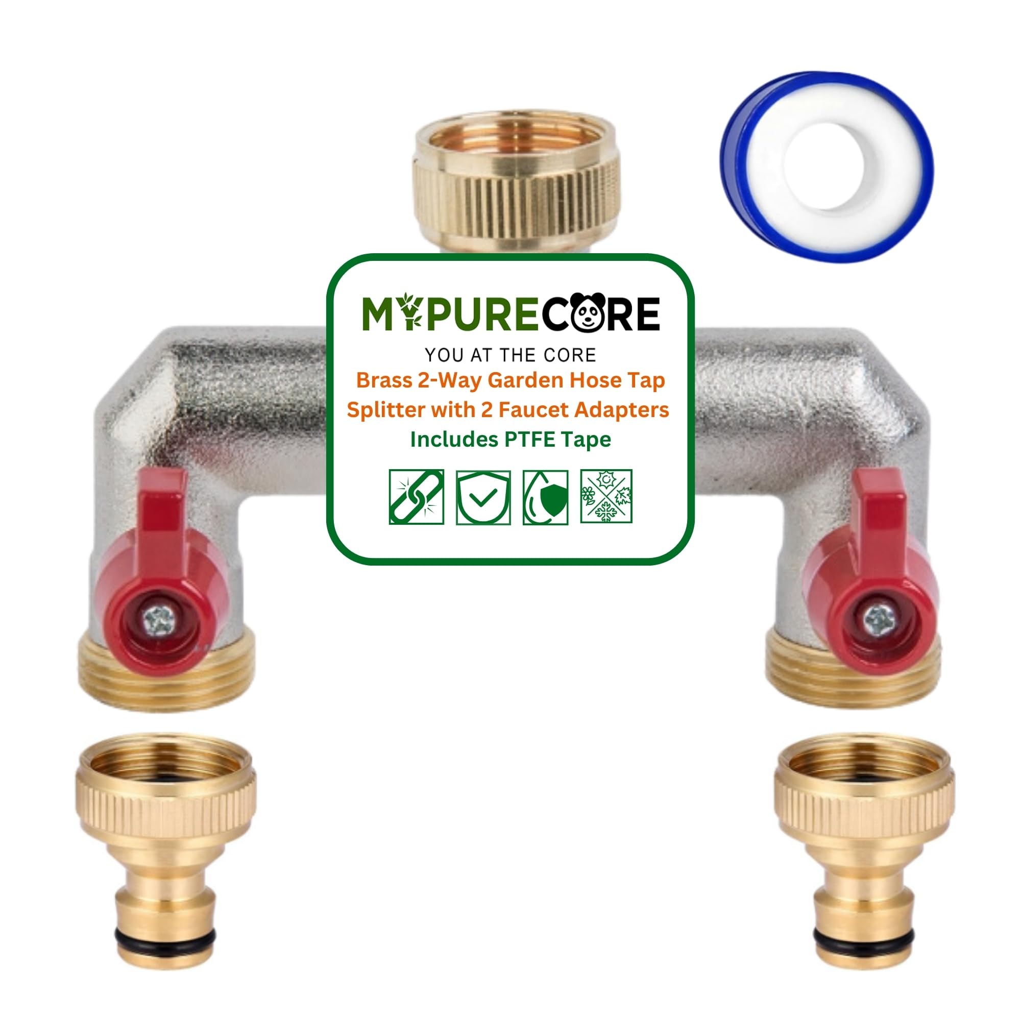 MYPURECORE Brass 2-Way Garden Hose Tap Splitter with 2 Faucet Adapters & PTFE Tape – Durable 3/4" Outdoor Tap Connector with Individual Valves | Brass Hose Connector for Garden, Kitchen & Outdoor Use