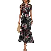 GothDark Women's Summer Floral Mesh Ruffle Dress Short Sleeve Round Neck Waist Cinched Casual Maxi Wedding Guest Dresses