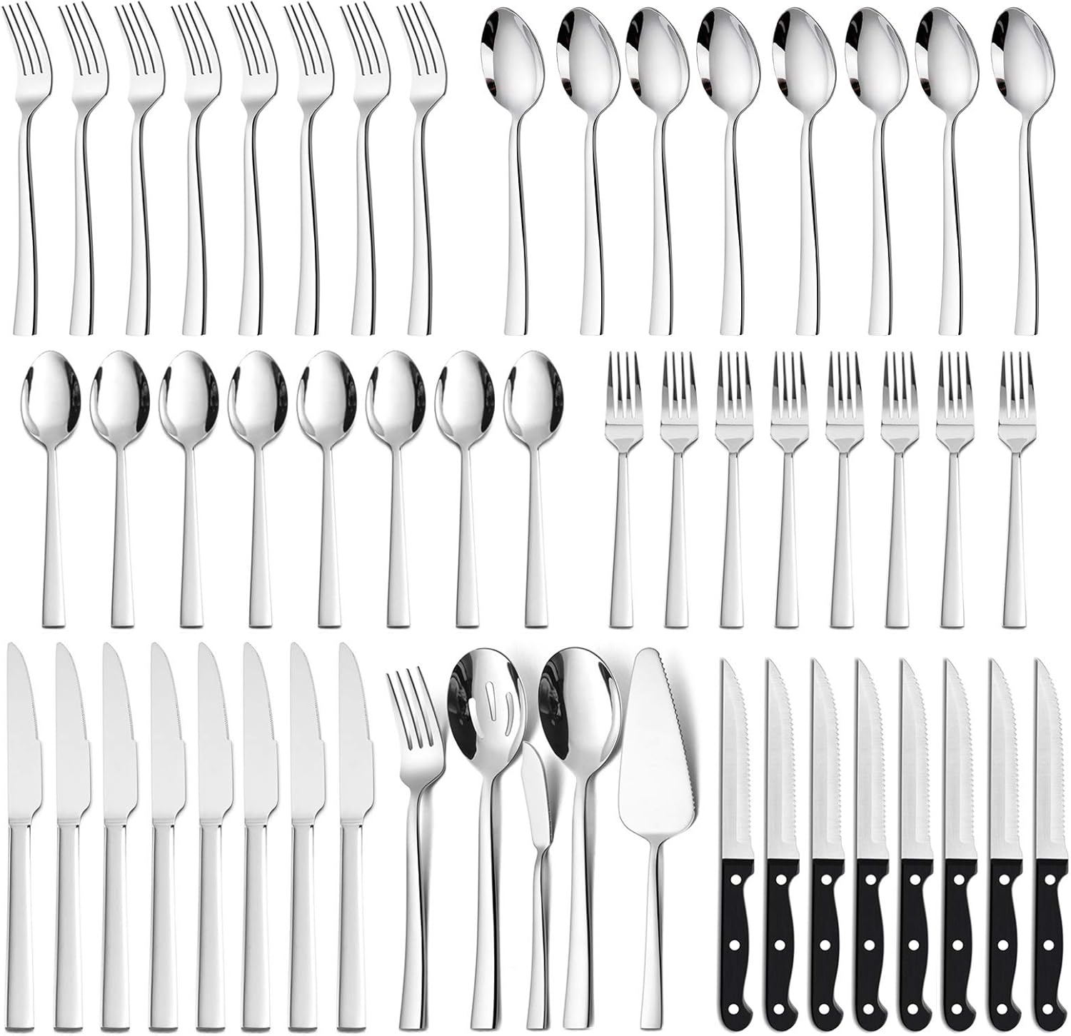 53-Piece Silverware Set, HaWare Solid Stainless Steel Modern Elegant Flatware Utensils, Includes 40-piece Cutlery Set, 5-piece Serving Set, 8-piece Steak Knives, Mirror Polished & Dishwasher Safe: Kitchen & Dining