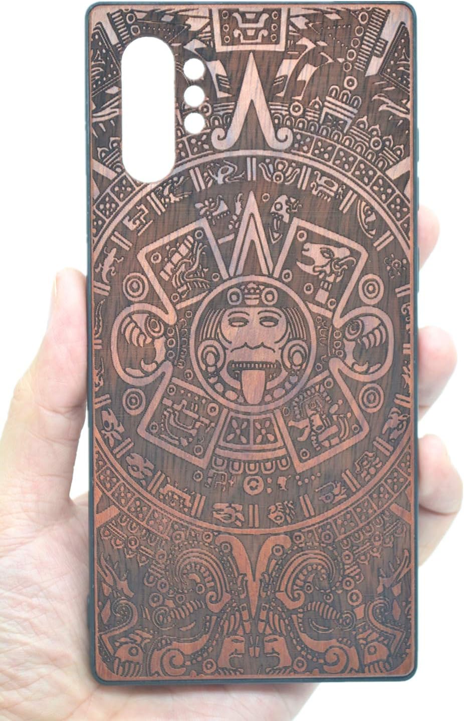 Shogpon Wooden Case for Samsung Galaxy Note 10+ Plus (2019), Premium Quality Handmade Carved Pattern Natural Wood Protective Cover with Non-Slip Shockproof TPU Design - Rosewood Maya