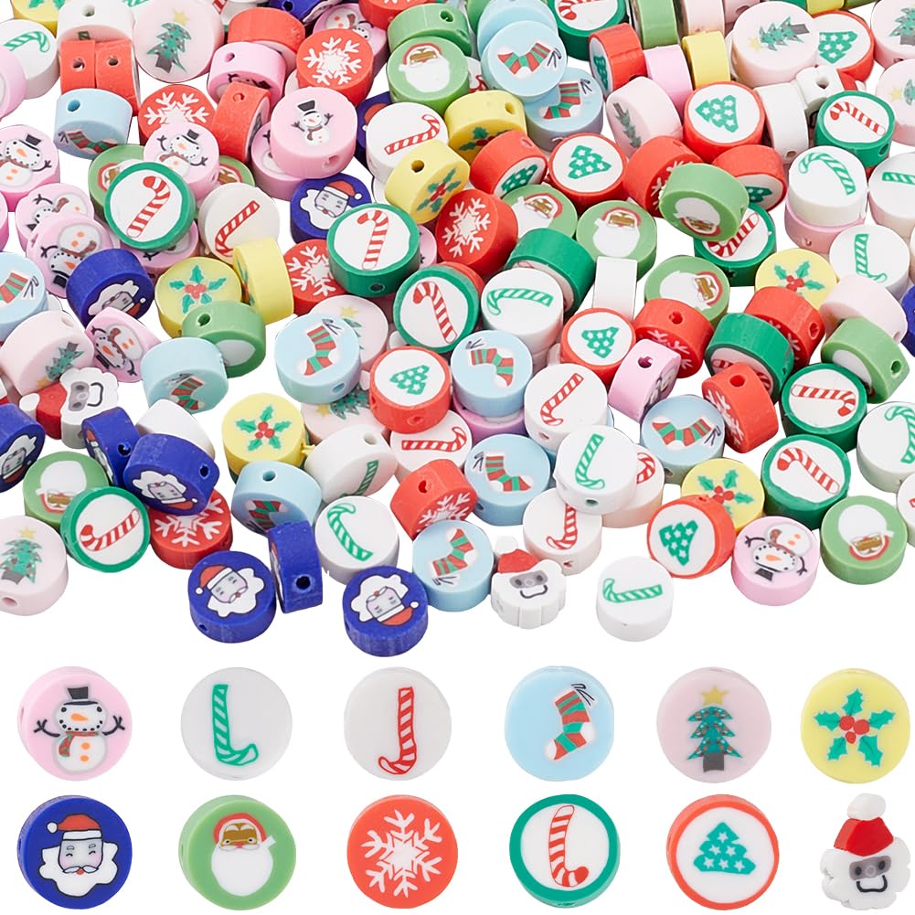 SOFPLATE 1 Box 300Pcs Christmas Polymer Clay Beads Holiday Clay Beads Winter Theme Santa Socks Tree Snowman Green Tone Spacer Bead for jewellery Making Supplies DIY Bracelet Earring Necklace Crafts