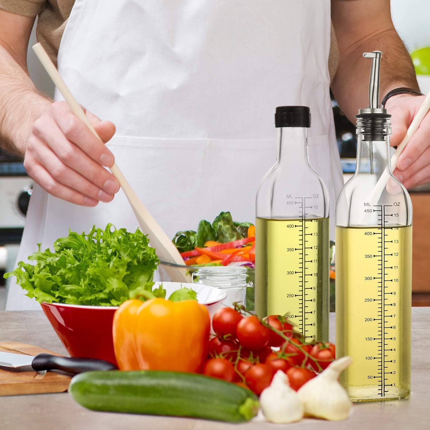Aozita 17oz Glass Olive Oil Dispenser Bottle - 500ml Clear -Oil & Vinegar Cruet with Pourers and Funnel - Olive Oil Carafe Decanter for Kitchen: Home Improvement