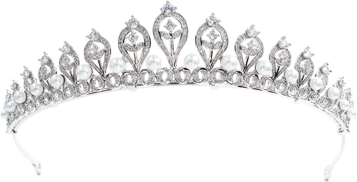 SEPBRIDALSCrystals CZ Cubic Pearl Wedding Bridal Tiara Crown Women Hair Accessories Jewelry CH10109