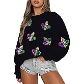 LUKYCILD Mardi Gras Sweatshirt Women Stripes Fat Tuesday Shirt Mask Graphic Carnival Long Sleeve Tee New Orleans Party Top