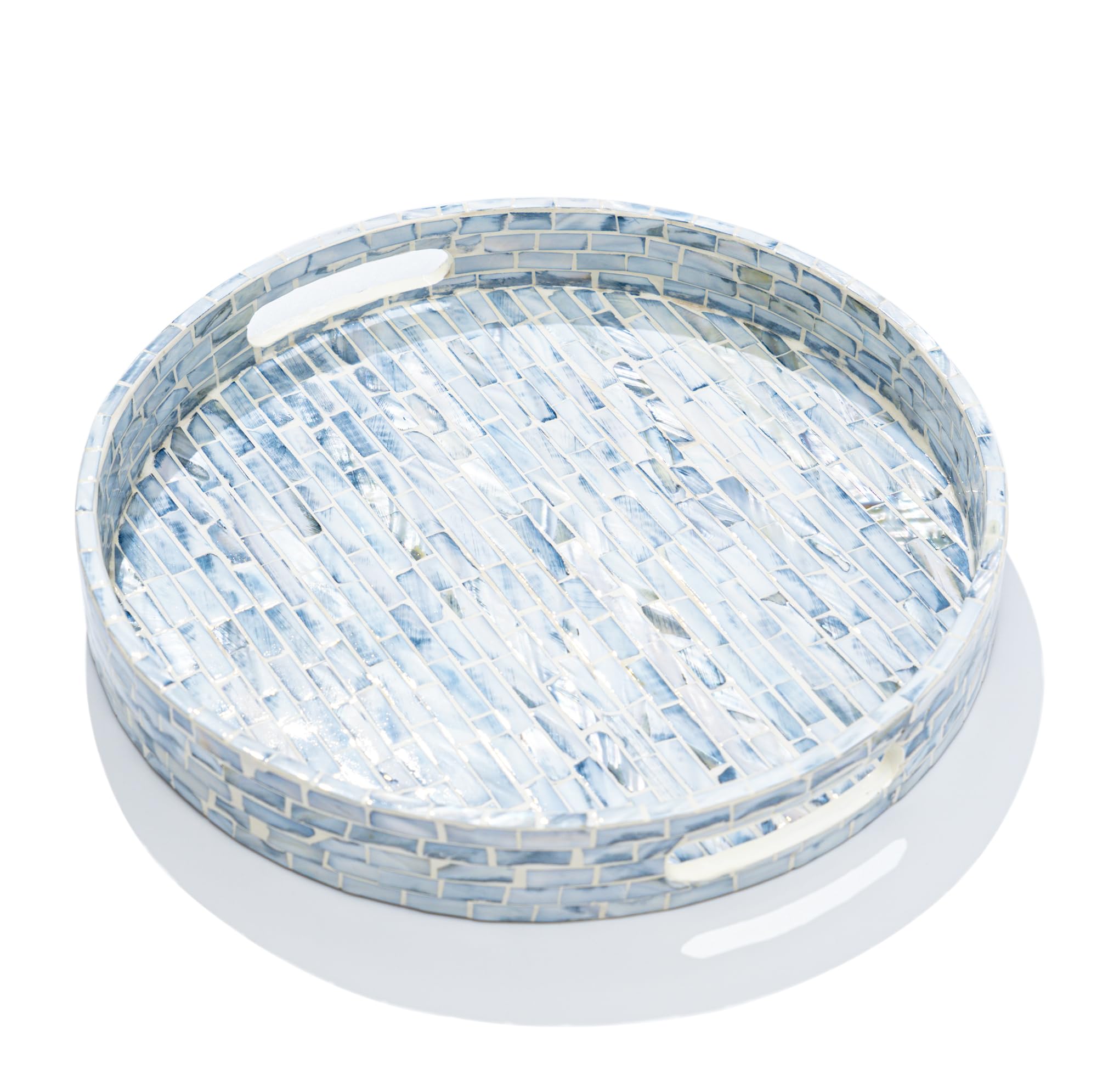 Photo 1 of CLAYNIX Serving Tray 12.5 Inch Round, Wooden Lacquer Tray with Mother of Pearl Inlay, Elegant Tea & Breakfast Tray with Handles (Round)