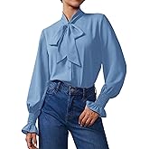 Neweek Chiffon Blouses for Women Bow Tie Neck Long Sleeve Dressy Casual Smocked Cuffed Shirts Office Work Blouse Elegant Tops
