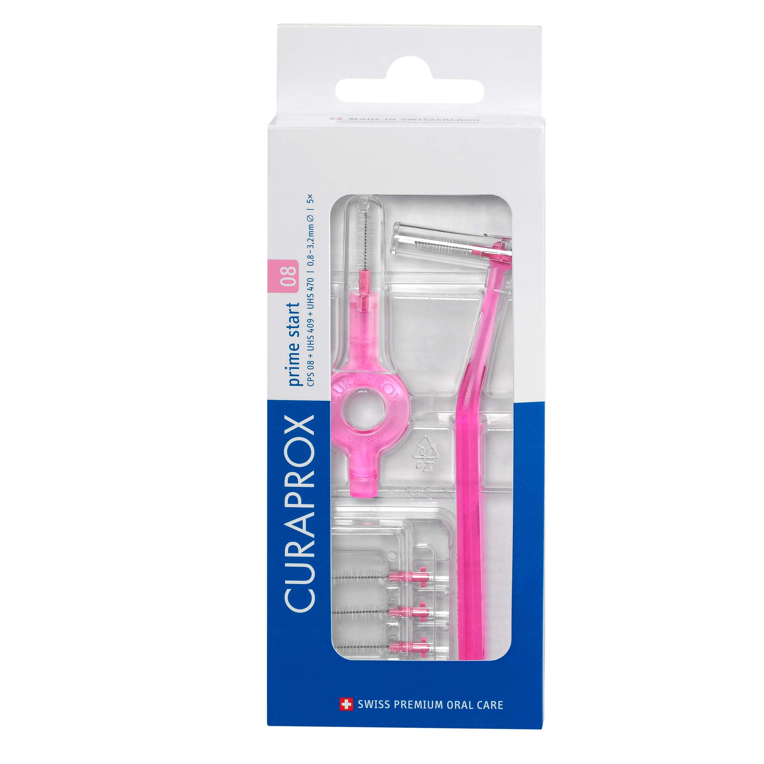 Curaprox CPS 08 Prime Start Interdental Brush Set | Starter Set with 5 Brushes | 2 Different Holders | Pink |0.8 mm Diameter |3.2 mm Efficiency | Made in Switzerland