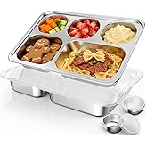 Bakpoco Stainless Steel Divided Plate for Kids Toddler, Non Toxic Portion Control Plate Dinner Plate with Lid for Adults Weight Loss, 2 Pack 5 Sections Rectangular Snack Plate Tray
