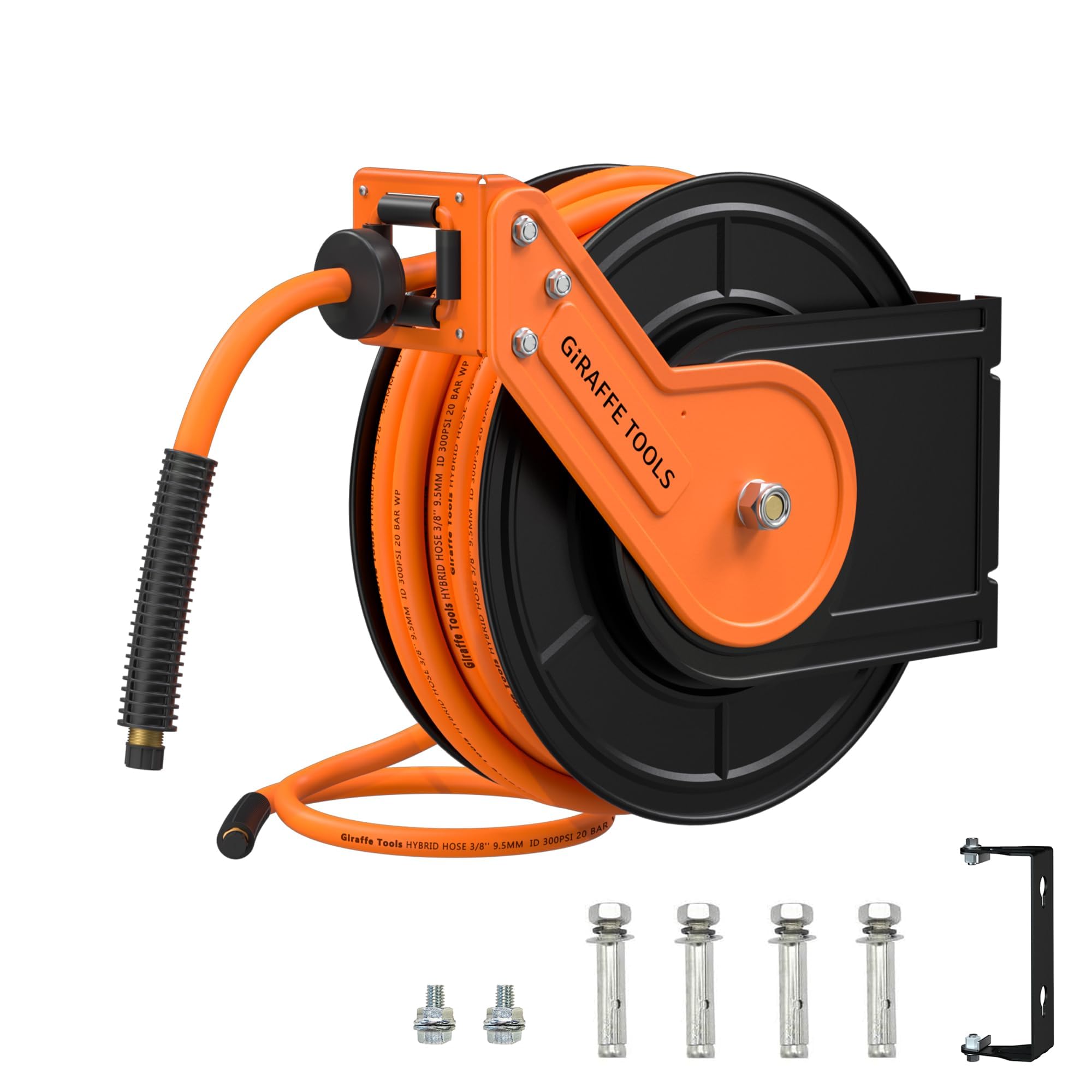Giraffe Tools Automatik Druckluftschlauchtrommel 15M-Robuster Aufroller mit 1/4" Anschluss&3/8" Schlauch (Ø9,5mm) max 300PSI für Werkstatt und Garage-Plus Version mit 180°Schwenkbracket und Zubehörset
