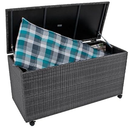 nxtbuy Auflagenbox MIRANO aus Alu/Kunststoffgeflecht in grau 277 Liter Fassungsvermögen wasserfeste Gartenbox mit Rollen und 