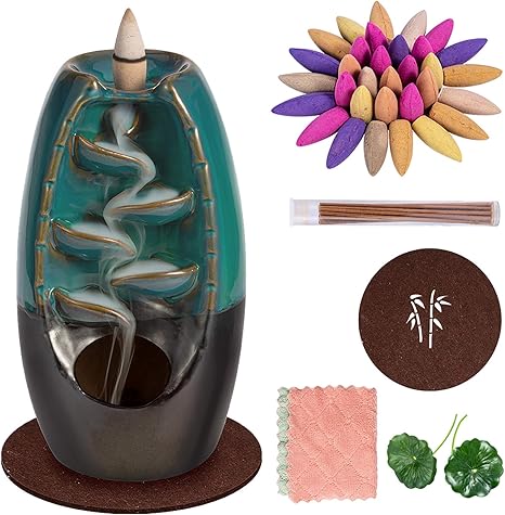 Amazon Com Dk177 Waterfall Incense Holder Backflow Inscent Cone Burner Handcraft Ceramic Water Fall Smoke Fountain With 1 Cones 30 Sticks 1 Mat 2 Lotus Leaf 1 Cloth Home Kitchen