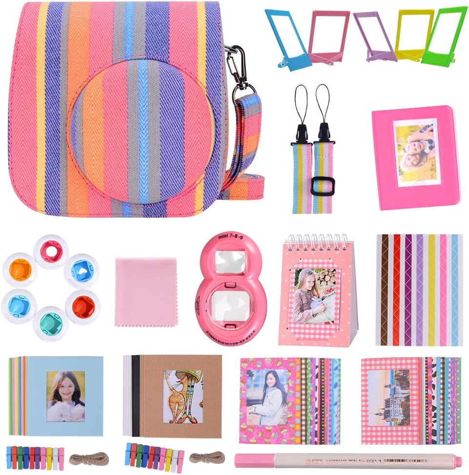 Goocor 15 in 1 Instax Mini 9 Camera Accessories Set for Fujifilm Instax Mini 9/ Mini 8/ Mini 8+ Camera,Includes Mini 9 Case,Albums,Rainbow Shoulder Strap,Selfie Lens, ETC (Colorful Stripes)