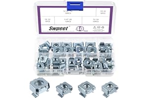 Swpeet 40Pcs 4 Size 10-32, 12-24, 1/4"-20, 5/16"-18 Zinc Plated Carbon Steel Square Cage Nuts, Snap-in Cage Nuts, Rack Rail R
