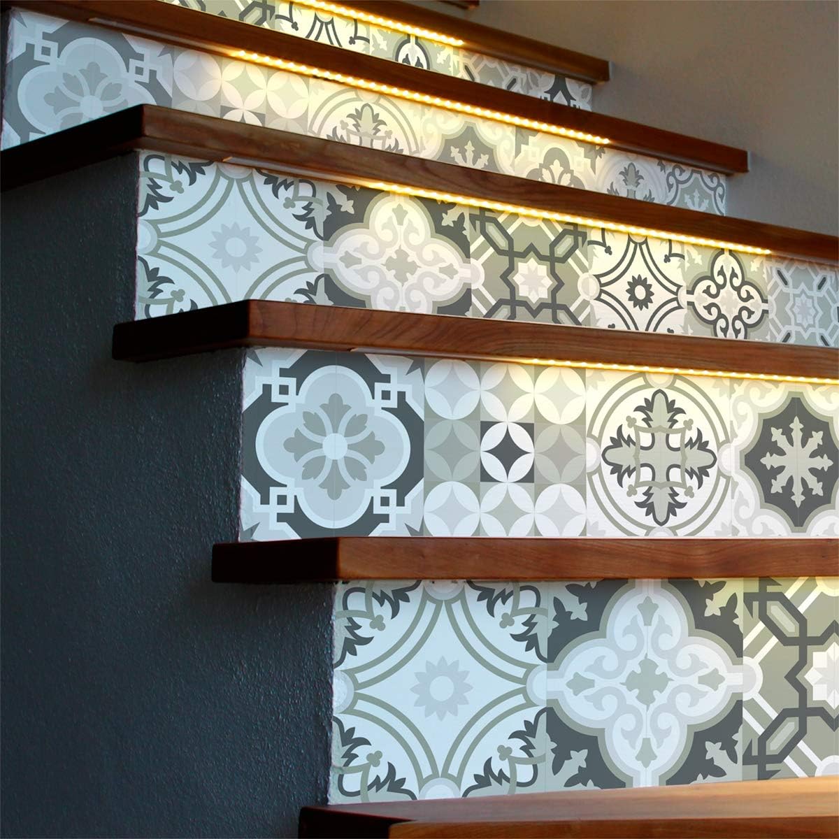 6 Adhesive Stickers for Staircase Tiles, Oslo Grey Shades, 6 bandes de 15 x 105 cm