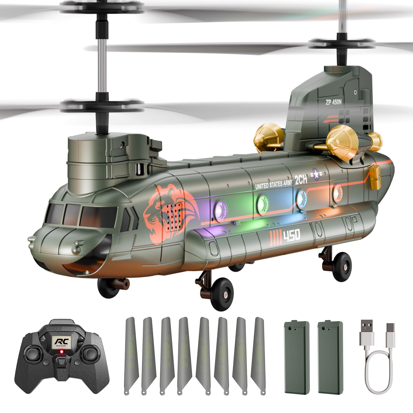 XIKOTEC Military Transport RC Helicopter for Adults, Remote Control Helicopter Toy with 2 Batteries, LED Lights, One Key Take Off/Landing, Altitude Hold, Flying Toy Gifts for Kids Boys 8+