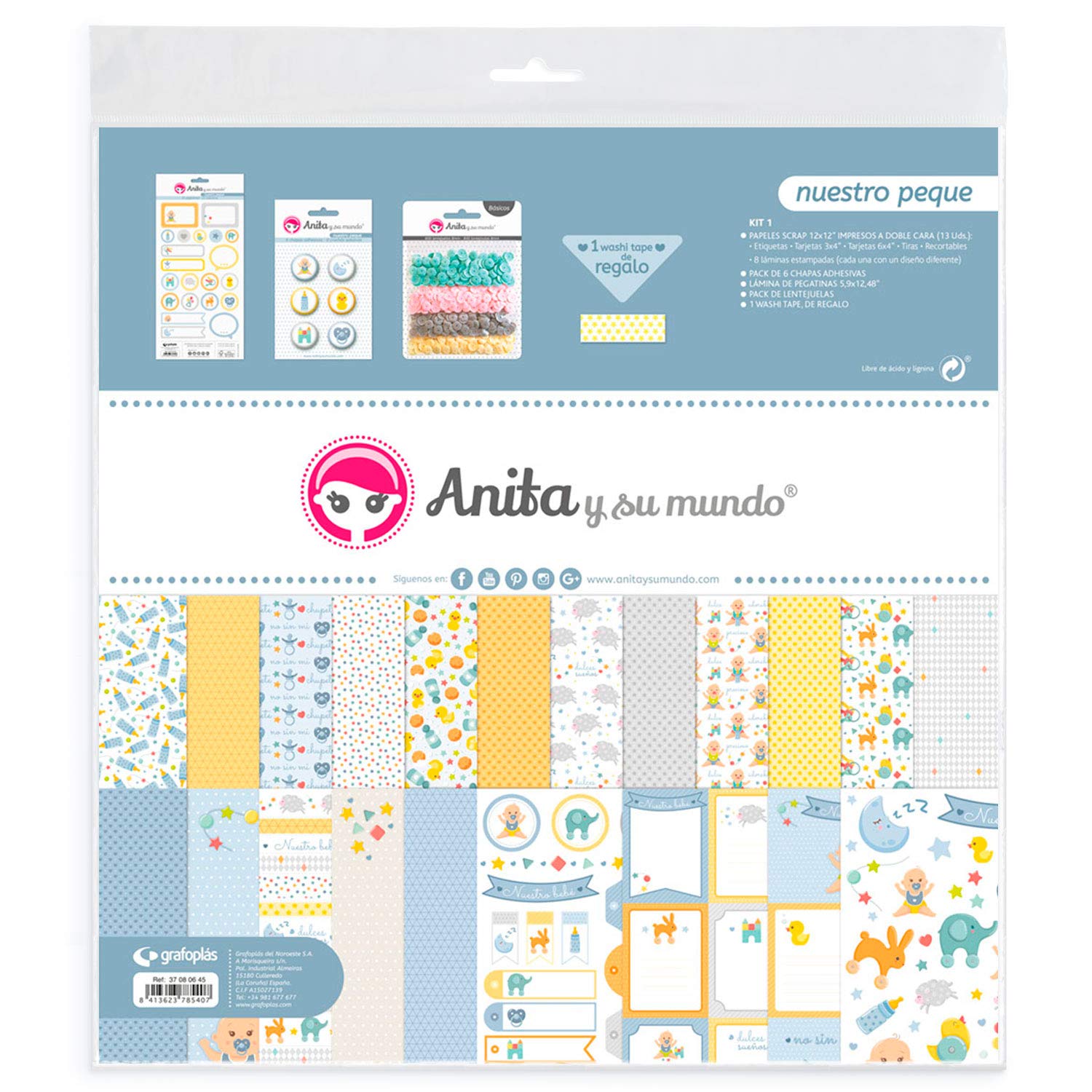 Anita and Su Mundo Collection Our Small Kit Scrapbooking, 13 Printed Papers, Stickers, Plates, Sequins, Pastel, Washi Tape, Paper, Multicoloured, 12 x 12 Inches