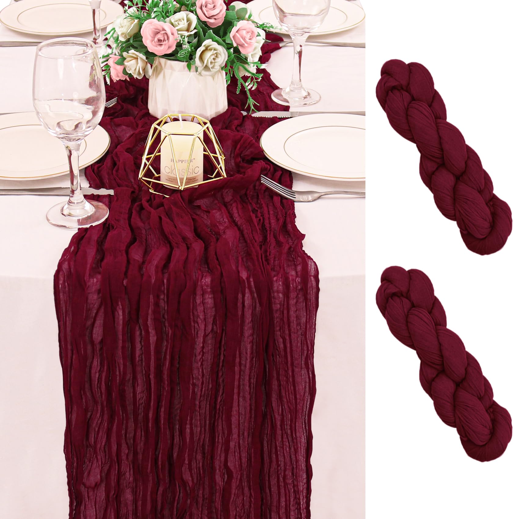 Photo 1 of 2 Pack 120 Inch Burgundy Cheesecloth Table Runner Boho Rustic Gauze Sheer Romantic 10 FT Long Cheese Cloth Table Runner for Bridal Baby Shower Wedding Party Birthday Holiday Home Easter Decor