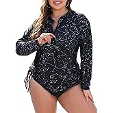 Halcurt Women's Plus Size Long Sleeve Rash Guard Swim Shirts with Pocket Half Zip Drawstring UPF50+ Swimsuit Top