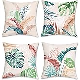 Bonhause Tropical Leaves Throw Pillow Covers 18 x 18 Inch Set of 4 Pink Green Palm Leaf Decorative Pillow Cases Soft Velvet Cushion Covers for Couch Sofa Bed Home Decor