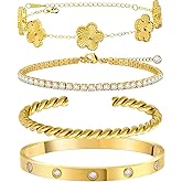 MOINSPIRE Gold Bracelets for Women, 18K Gold Plated Tennis Nail Clover love Bangle Bracelets Set Non Tarnish, Stainless Steel Trendy Stackable Bracelet Fashion Jewelry Accessories Gifts for Christmas
