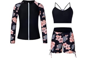 Funnycokid Girls Swimsuit 3 Pieces Zip Rash Guard Bathing Suits Set Kids Bikini Boyshort Summer Swimwear 3-14 Years