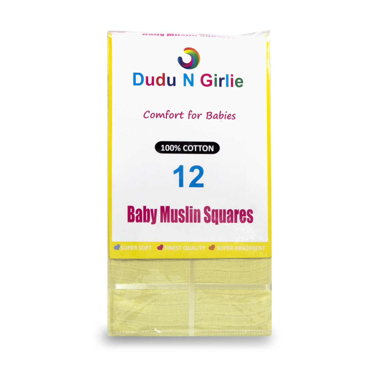 DUDU N GIRLIE - Pack of 12-100% Cotton Small Muslin Squares – Breathable & Soft Baby Burp Cloths Extra Large – Newborn Essential - Muslin Face Cloths 70cm x 70cm, Yellow.