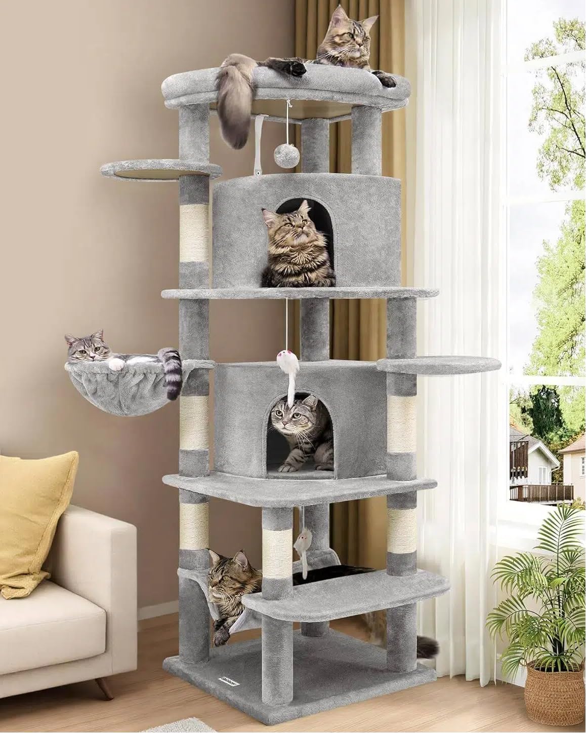 Photo 1 of ***USED***
Globlazer Corner Cat Tree for Large Cats, 66inch Tall Curved Series Large Cat Tower for Multiple Indoor Cats with 6 Scratching Posts, 2 Spacious Cat Condos, Hammock, Hanging Basket, C66, Light Grey