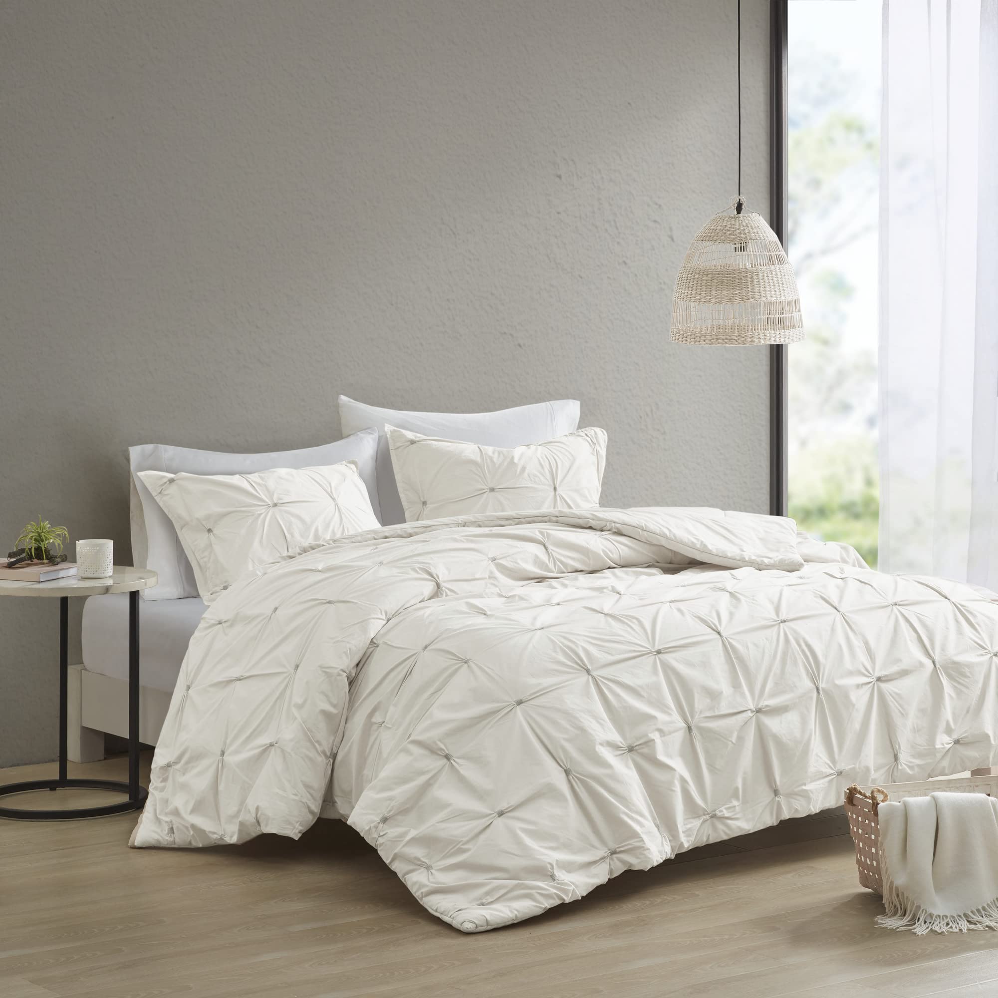 Photo 1 of King - INK+IVY Masie Cotton Comforter Set-Modern Casual Elastic Embroidery Design All Season Down Alternative Cozy Bedding with Matching Shams, King/Cal King, White 3 Piece