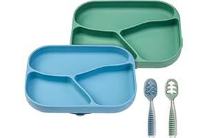 NumNum Silicone Toddler Suction Plates for Baby - 100% Food Grade Divided Plate w/Easy Release Tab, BPA Free & Dishwasher Safe - Non-Slip Dishes for High Top, Dining Table - Blue/Green + 2 Gootensils