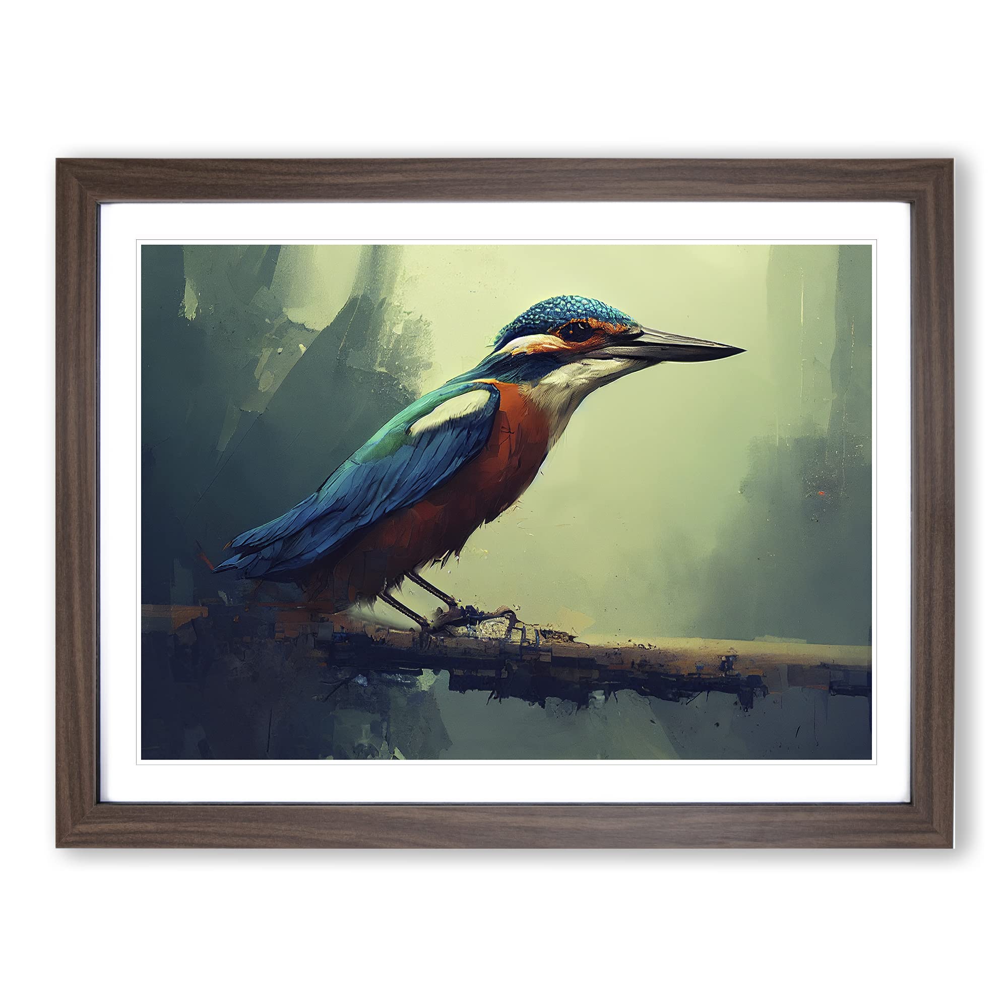 Kingfisher Bird Art Painting Vol.3 Framed Print | A4 Walnut Framed Wall Art | Ready to Hang | Modern Historical Picture | Living Room Bedroom Lounge Office