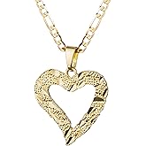 SAELACY Nugget Heart Pendant Necklace for Women 14K White Gold Plated Hollowed Diamond-cut Heart Charm Figaro Chain Minimalist Jewelry