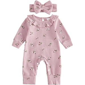 Polinkety Infant Baby Girl Fall Outfit Romper Floral Print Ruffled Trim Crew Neck Long Sleeve Jumpsuit Newborn Waffle Clothes