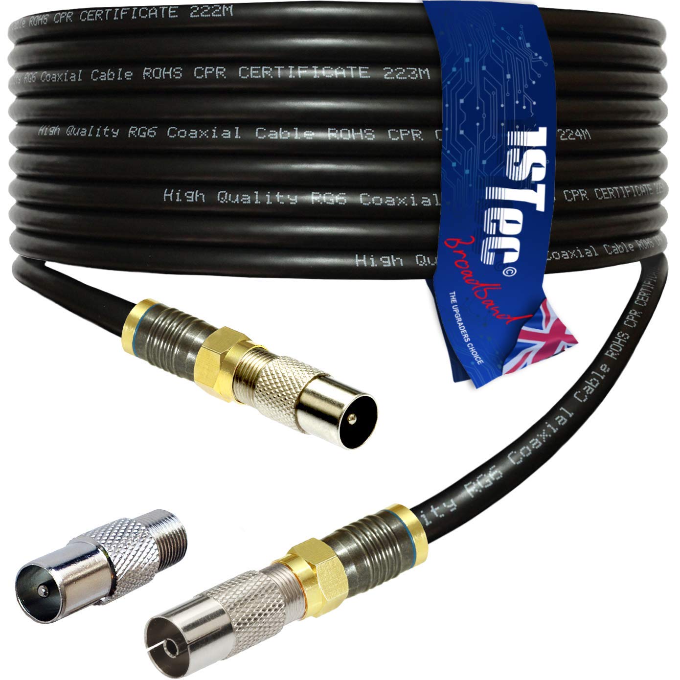 1STec 3m Shielded Digital TV Male to M/Female Gold Plated F-Connector Cable for FreeView HD Freesat BT YouView Satellite Dish or Rooftop Aerial to Wall Box Plug or Socket Lead (3 Metre, Black)