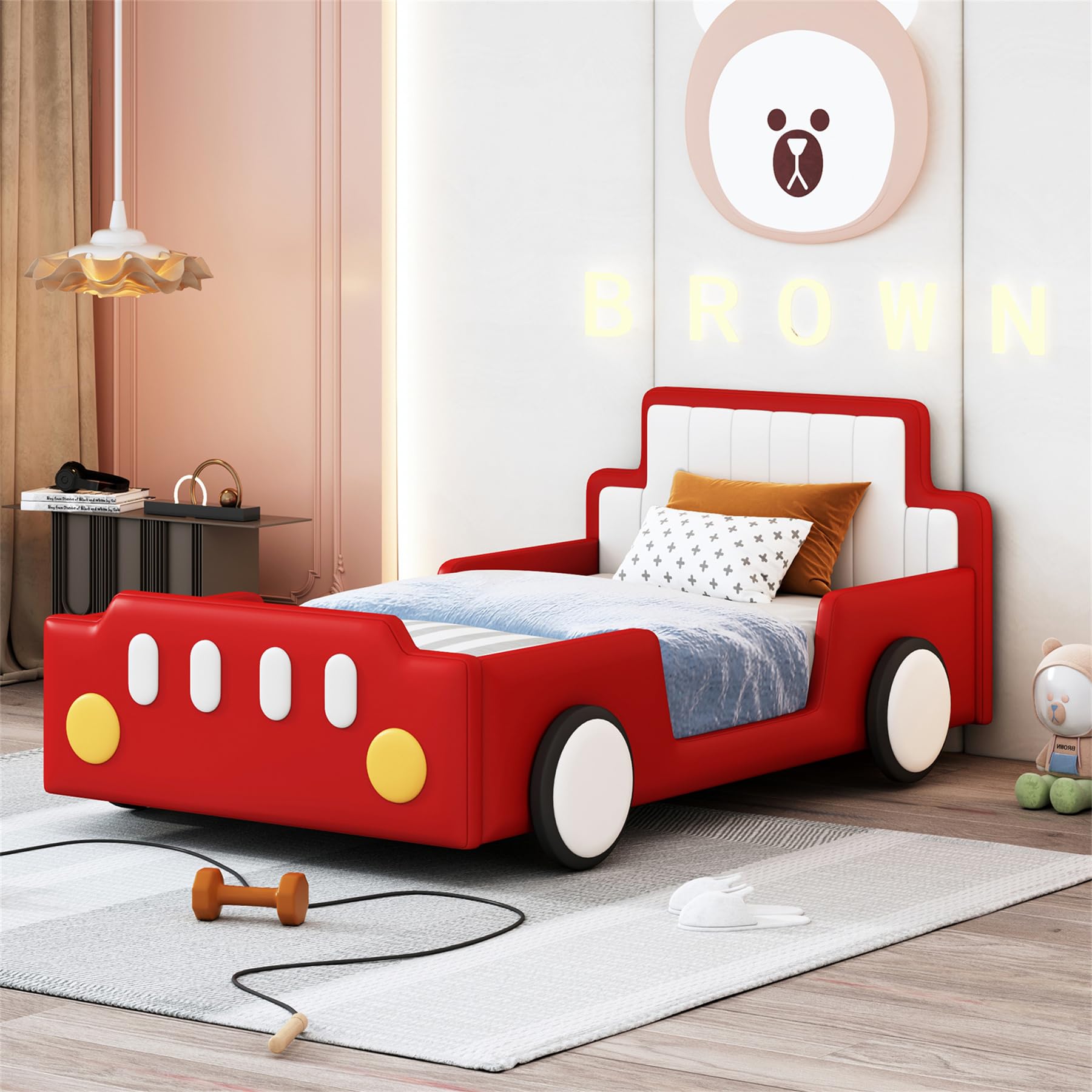 Photo 1 of BOX 2 of 2 ONLY MIssing 1 of 2  Merax Twin Bed Frames for Boys,Race Car Platform Bed with Wheels,Soft PU Leather Headboard and Footboard,Kids Car Bed Twin Size No Box Spring Needed