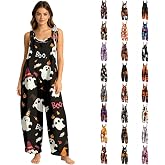 XUIXNW Halloween Jumpsuits for Women One Piece Sleeveless Pumpkin Print Rompers Pants Adjustable Strap Baggy Overalls