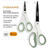 Fiskars 8" &amp; 5" Everyday NonStick SoftGrip All Purpose Scissors Set, 2-Pack | Ideal For Cutting Sticky Materials like Tape &amp; Glue, Ergonomic SoftGrip Handles for Home, Office &amp; Crafts, White &amp; Green