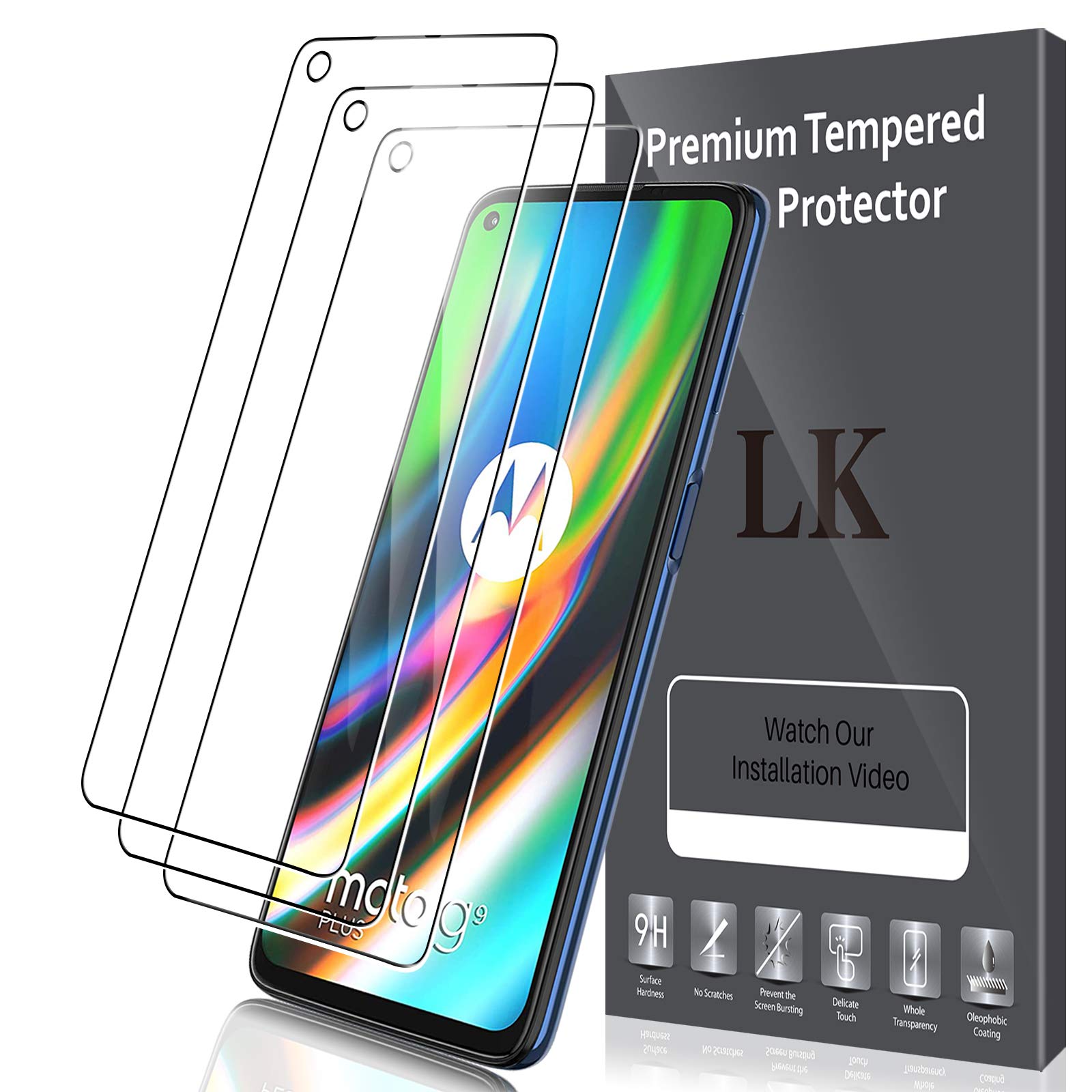 LK 3 Pack Screen Protector compatible with Motorola Moto G9 Plus, HD Clear Scratch Tempered Glass Protective Film, Case Friendly, Bubble Free