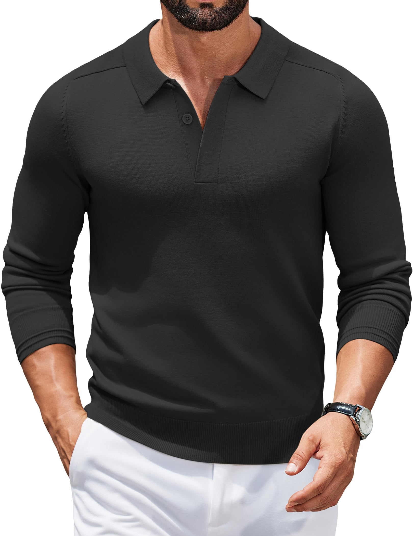 COOFANDY Strickpullover Herren Polo Pullover Langarm Polo Shirt Pulli mit Polokragen Versteckte Knopfleiste Schwarz XL
