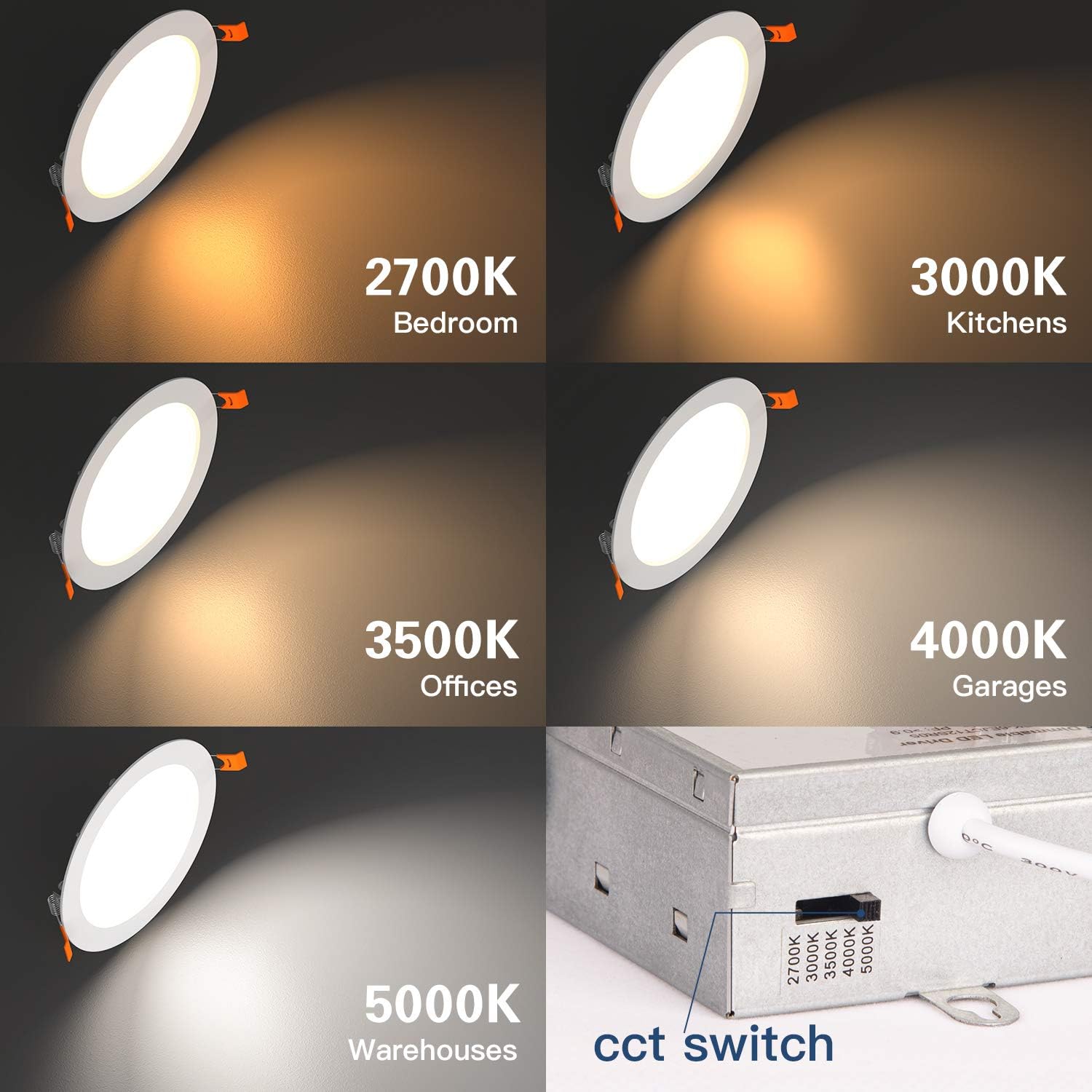 Amico 12 Pack 6 Inch 5CCT Ultra-Thin LED Recessed Ceiling Light with Junction Box, 2700K-5000K Selectable, 12W Eqv 110W, Dimmable Can-Killer Downlight, 1050LM High Brightness - ETL and Energy Star - - 