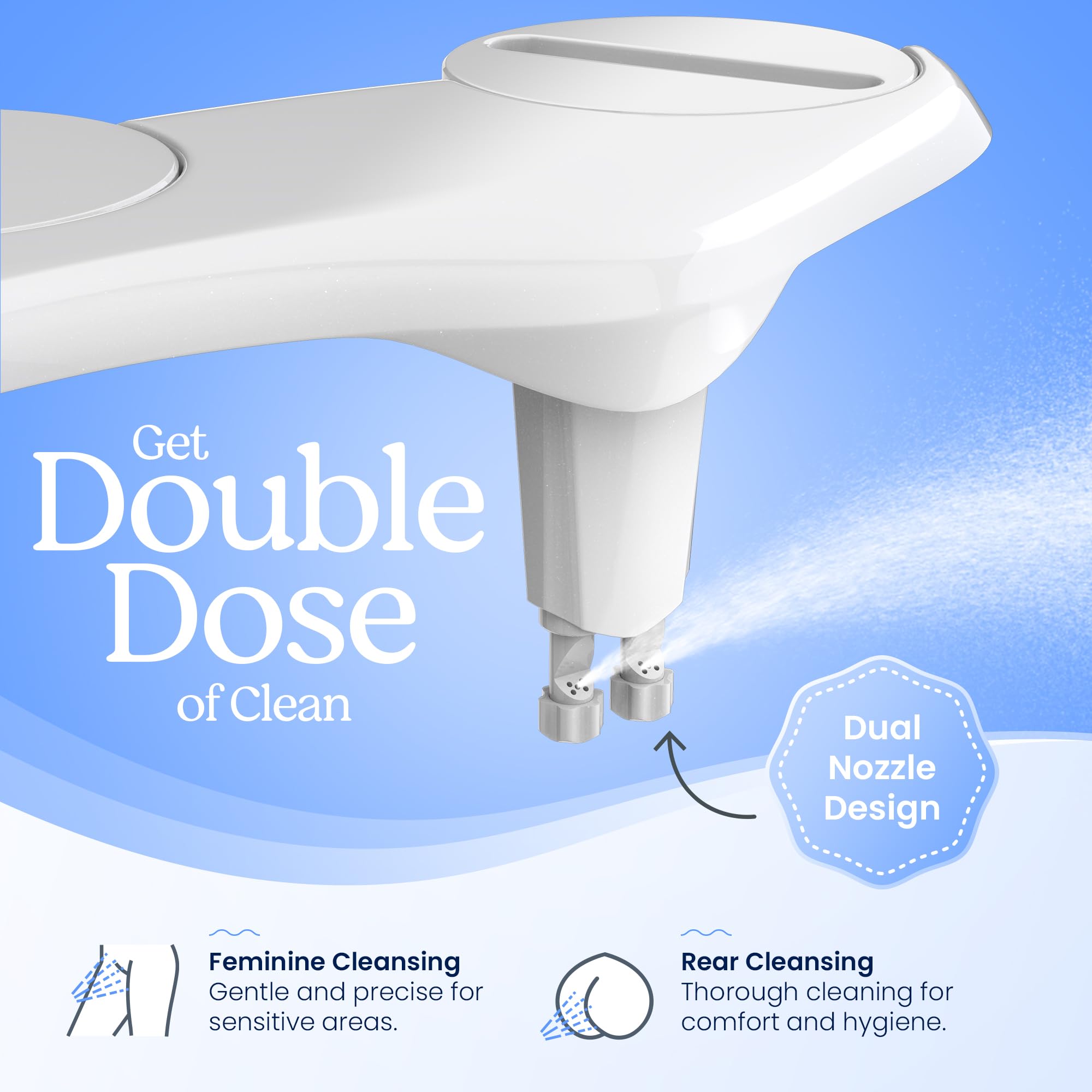 CLEAR REAR Bidet Attachment for Toilet Seat - Non-Electric, Self-Cleaning Dual Nozzle, Adjustable Water Pressure, Rear & Feminine Wash Hygienic Bathroom Upgrades - Fits Elongated Toilets (White)