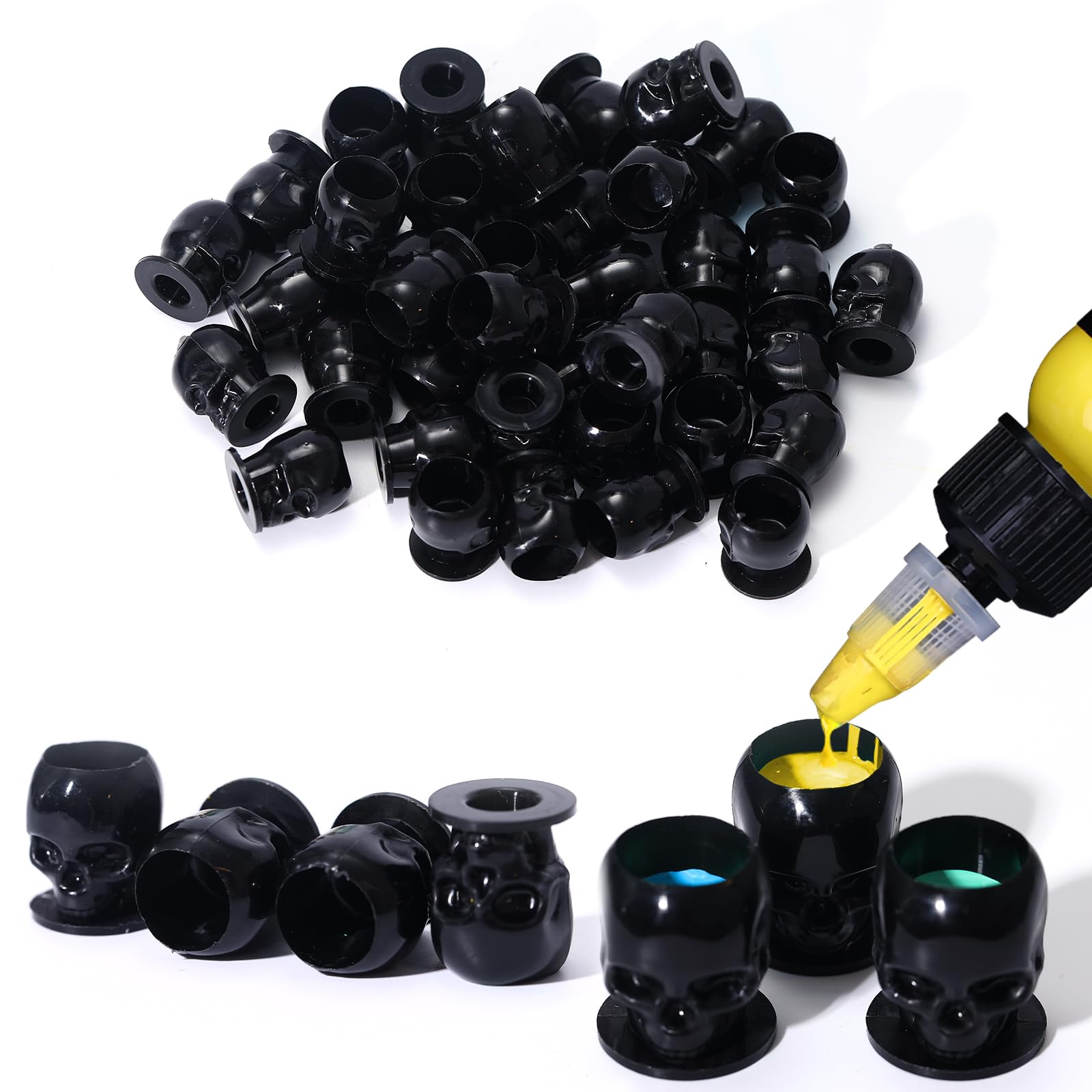YLRONGTIAN Tattoo Ink Cups 15 mm Tattoo Ink Cups with Stable Base and 200 Pieces Permanent Makeup Pigment Holder Container Cap Tattoo Accessories, Black/Black