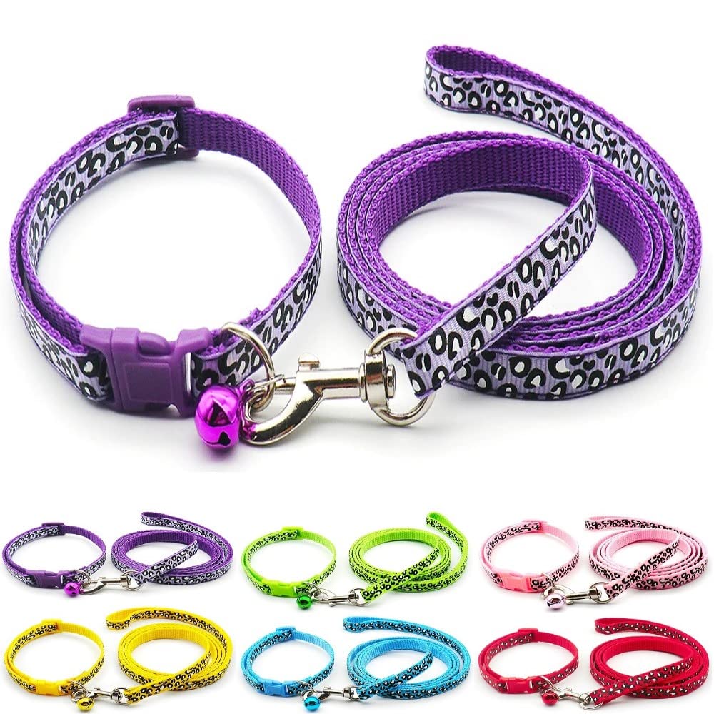 Small Dog Puppy Pet Collar and Lead Set Leopard Print Design Nylon Adjustable Size 19-32cm Collar with Bell and 120cm Leash Purple