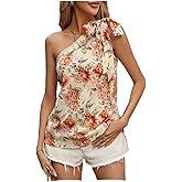 OYOANGLE Women's Floral Bow Tie One Shoulder Sleeveless Blouse Asymmetrical Neck Summer Boho Tops