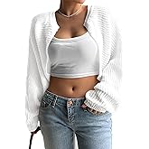 Plus Size Womens Bolero Shrug Sweaters Long Sleeve Open Front Rib Knit Cropped Cardigan Sweater White